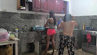 Horny Housewives Explore Each Other While Cooking Lunch for Bosses
