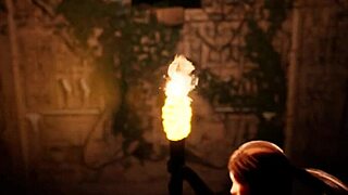 Lara explores a forgotten temple in her hentai game investigation