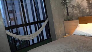 busty brunette meets stranger after jogging