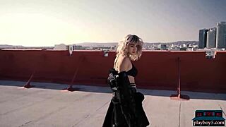 mia valentine, strip nude for playboy on the rooftop with your big natural tits
