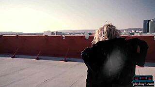 mia valentine, strip nude for playboy on the rooftop with your big natural tits