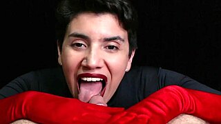 Watch me cum on these red opera gloves during the handjob.