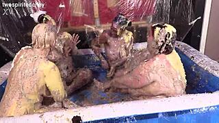 Four Hot Women in Messy Lesbian Fun with Muff Diving and Squirting