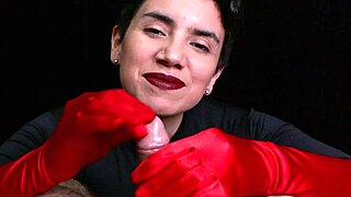 Watch me cum on these red opera gloves during the handjob.