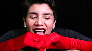 Watch me cum on these red opera gloves during the handjob.