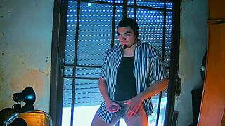 In a classroom, a student performs sensual pelvic movements with a big dick, counting down to climax.