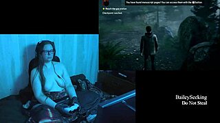 Naakte brunette met grote natuurlijke tieten speelt Alan Wake deel 1