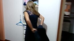 hey gorgeous stepmom in lingerie heads to party then strips flashing huge tits pussy voyeur style
