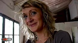 hey, skinny french blonde milf takes it rough in the ass for cash in warehouse