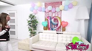 Petite teen gets a rough threesome for her 19th birthday