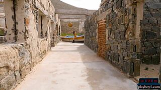 Natural brunette milf babe Willa Prescott strips outdoors, revealing hairless lingerie-clad body.