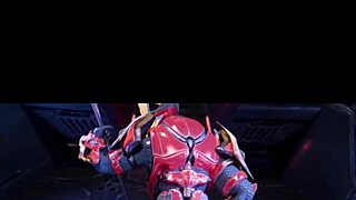 Female Sangheili encounters a man in an alien interaction.