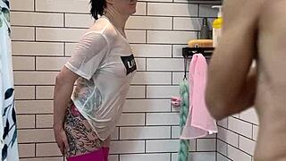 dickflash leads to bathroom blowjob with monster cock deepthroat