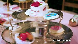 at the tea party in wonderland, things get wild with a hardcore foursome and big cocks