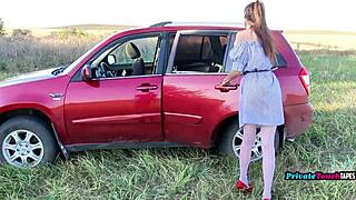 This sexy russian girl is masturbating with a dildo and flashing in her car on cam