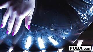 Sexy blonde pornstar Shyla Stylez smokes while showing off her big tits and ass