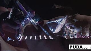 Sexy blonde pornstar Shyla Stylez smokes while showing off her big tits and ass