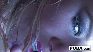 Sexy blonde pornstar Shyla Stylez smokes while showing off her big tits and ass