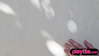 Petite brunette teen reveals perky small tits and hairy area.