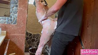 Obedient slave gets hands tied and faces foam humiliation.