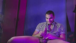 a sexy outfit in purple and white with black stripes