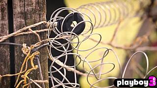 Stunning blonde model Zazie Passion poses outdoors with her small tits.