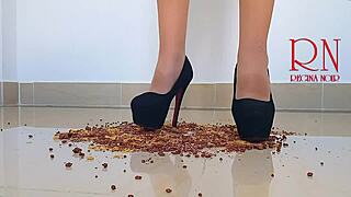 cornflakes destroying with high heels boots on the floor