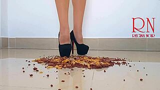 cornflakes destroying with high heels boots on the floor