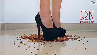 cornflakes destroying with high heels boots on the floor