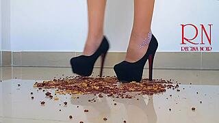 cornflakes destroying with high heels boots on the floor