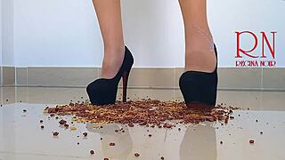 cornflakes destroying with high heels boots on the floor