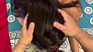 I surprise my stepmother watching porn on the bed and make her suck my cock to calm her down