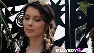 Petite natural milf strips naked outdoors for playboy shoot