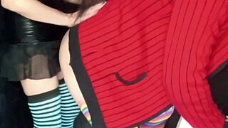 Woman pegging with strap-on fucks guy with female panties and ejaculates without touching herself