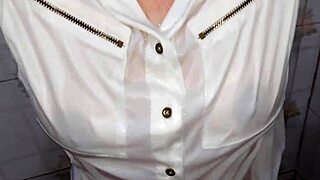 in the shower, a hot married milf in a wet t-shirt gets pounded doggystyle by her husband, moaning loudly with big natural tits bouncing