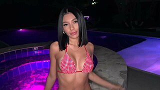 Having Fun Bathing with Neighbor at Outdoor Pool at Night