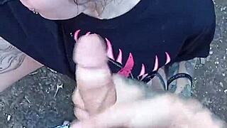 Blonde sucks big cock on the street in exhibitionist fetish.