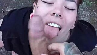 Blonde sucks big cock on the street in exhibitionist fetish.