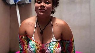 Big beautiful woman performs yoga in a mini pool and farts loudly