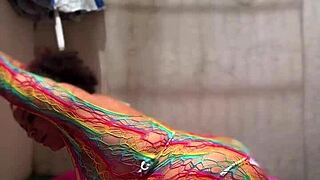 Big beautiful woman performs yoga in a mini pool and farts loudly