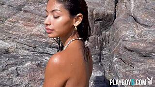 Look at tiny mexican teen posing on the beach!