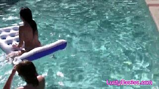 Wet teen lesbian foursome eating pussy at pool party.