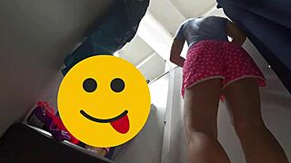 curvy milf in fitting room spied on with hidden camera, big butt and hairy pussy under short dress no panties