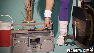 Big ass blonde teen Aubrey Destremps does a softcore workout, stripping down with a tease