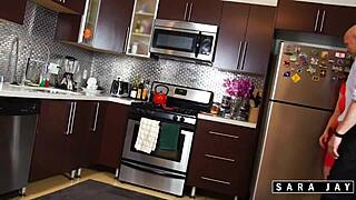 sexy milf sara jay rides throbbing cock deep in kitchen sex alert