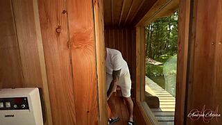 Steamy sauna threesome with kissing and licking in action