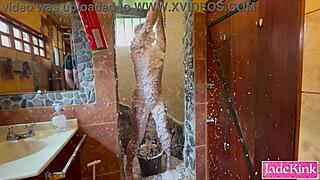 Sub slut endures rough bathroom punishment with foam spray