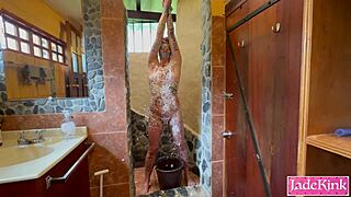 Sub slut endures rough bathroom punishment with foam spray