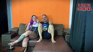 Stepping on her head while smoking a cigarette in a homemade setting