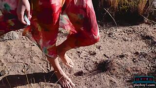 Petite Russian model Elina Love stripteasing outdoor for Playboy 😘